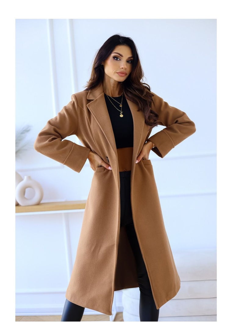 New Women's Fashion Simple Long Sleeve Lapel Button Wool Overcoat