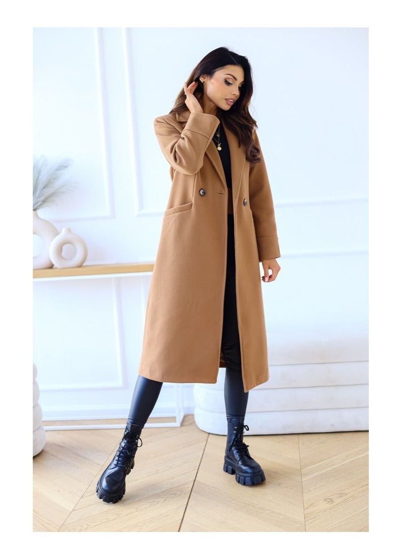 New Women's Fashion Simple Long Sleeve Lapel Button Wool Overcoat