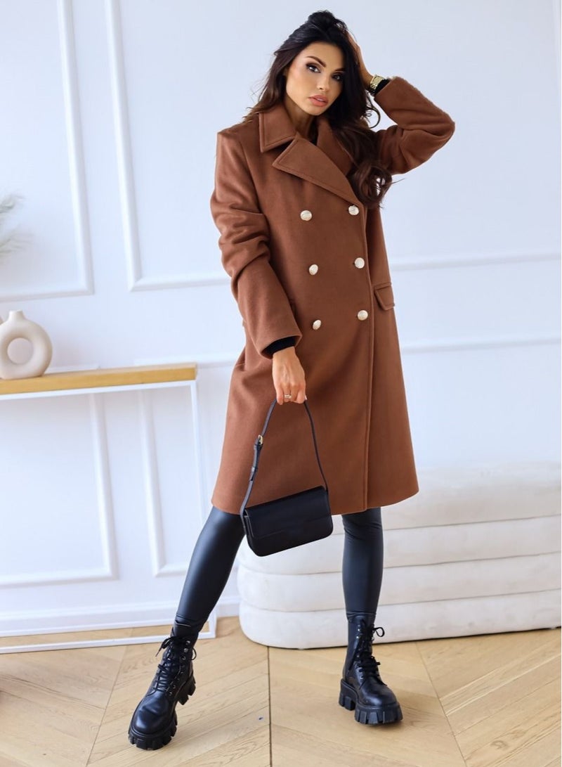 New Women's Fashion Simple Long Sleeve Lapel Button Wool Overcoat