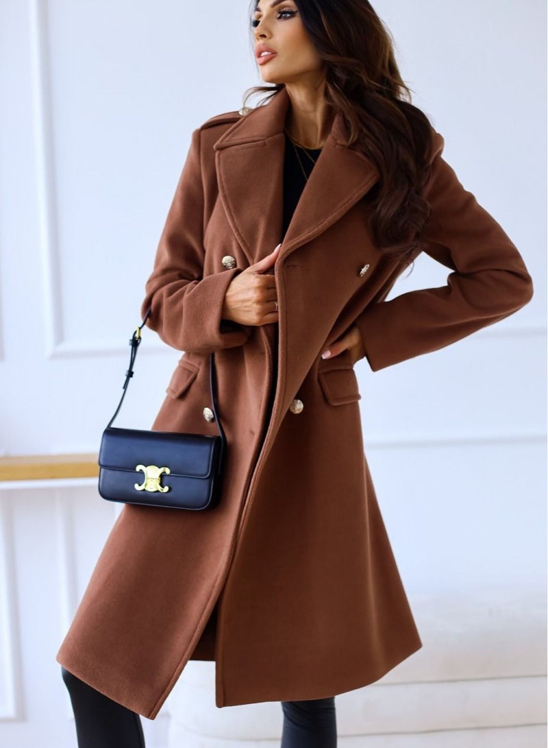 New Women's Fashion Simple Long Sleeve Lapel Button Wool Overcoat