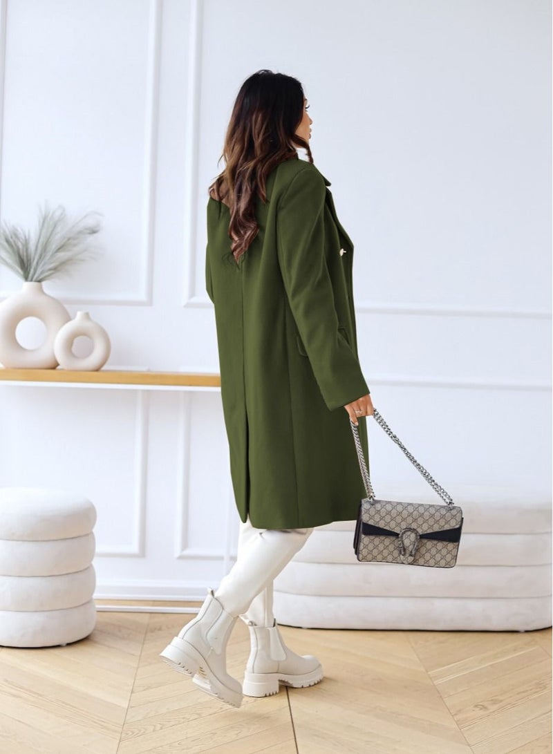 New Women's Fashion Simple Long Sleeve Lapel Button Wool Overcoat