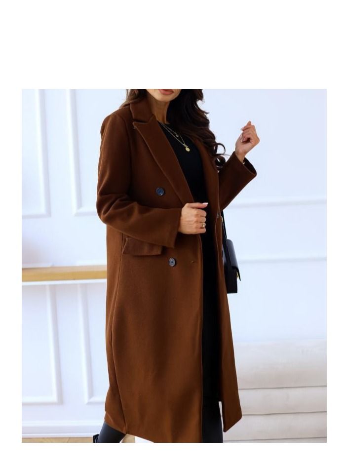 New Women's Simple Double Breasted Long Sleeve Lapel Button Wool Overcoat