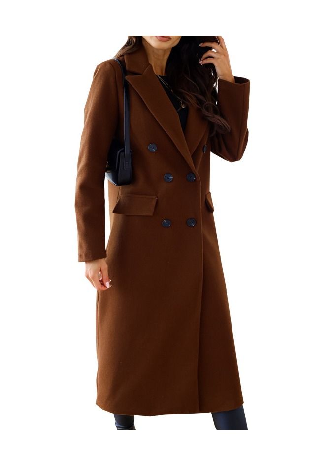 New Women's Simple Double Breasted Long Sleeve Lapel Button Wool Overcoat