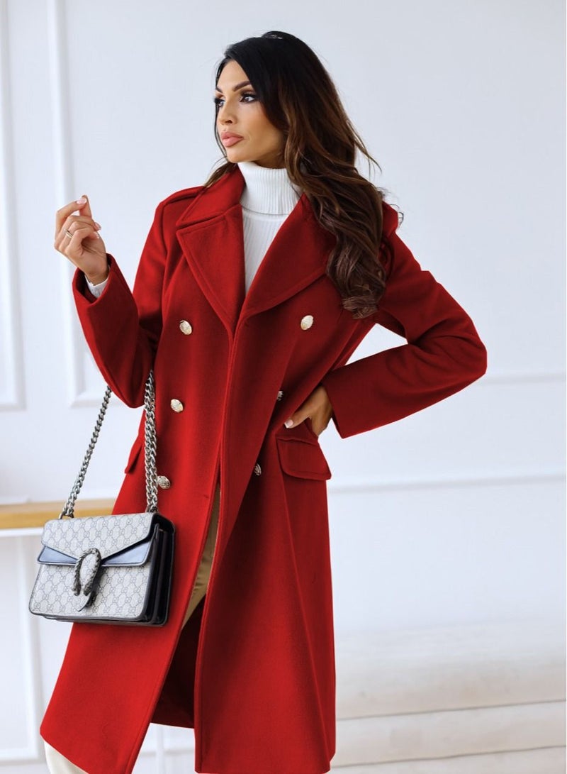 New Women's Fashion Simple Long Sleeve Lapel Button Wool Overcoat