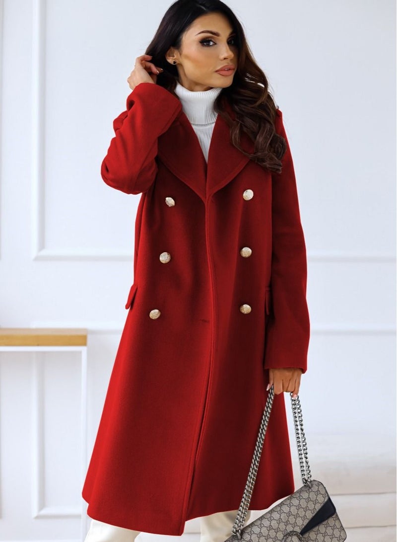 New Women's Fashion Simple Long Sleeve Lapel Button Wool Overcoat