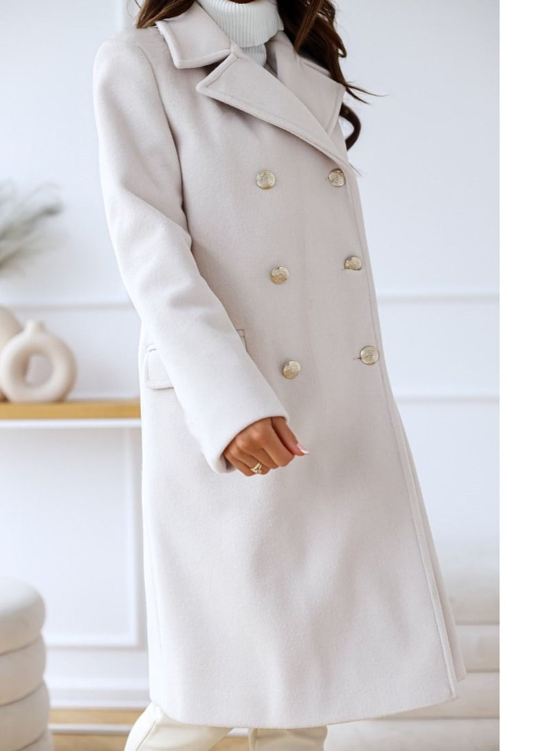 New Women's Fashion Simple Long Sleeve Lapel Button Wool Overcoat