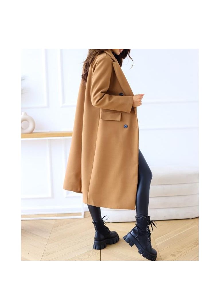 New Women's Simple Double Breasted Long Sleeve Lapel Button Wool Overcoat