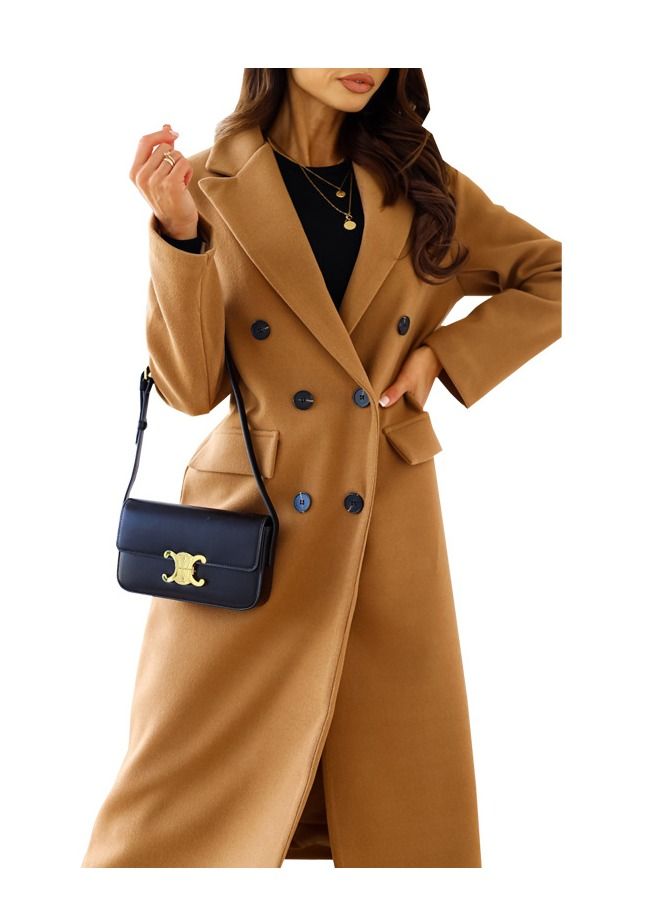 New Women's Simple Double Breasted Long Sleeve Lapel Button Wool Overcoat