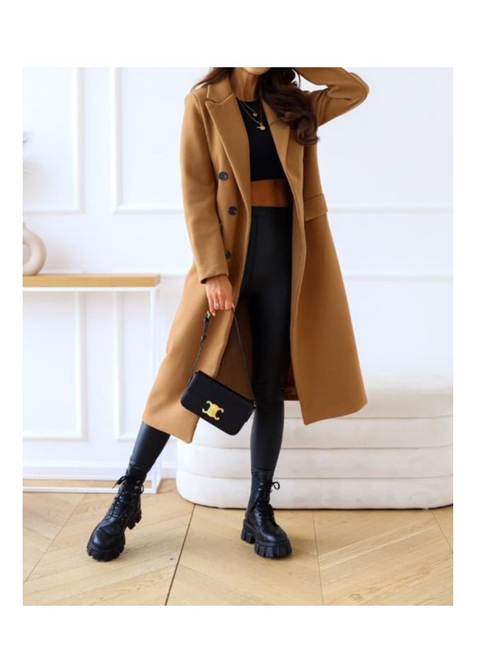 New Women's Simple Double Breasted Long Sleeve Lapel Button Wool Overcoat