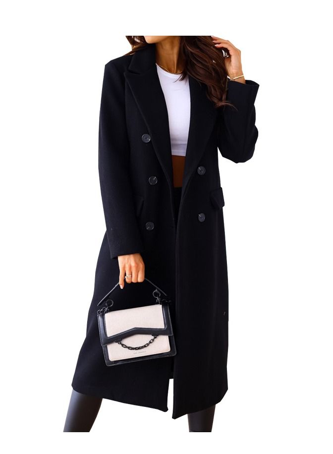 New Women's Simple Double Breasted Long Sleeve Lapel Button Wool Overcoat