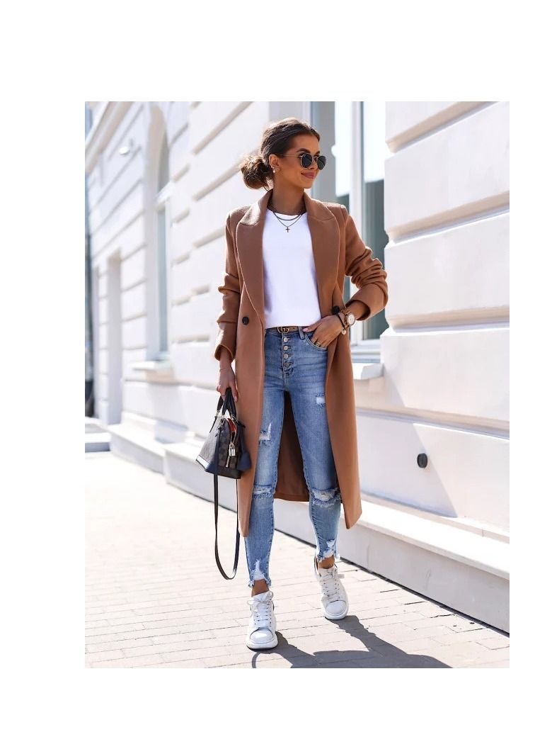 New Women's Fashion Simple Long Sleeve Lapel Button Wool Overcoat