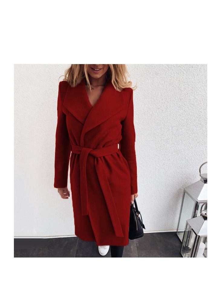 Autumn And Winter New Fashion Lace-up Lapel Solid Color Wool Overcoat