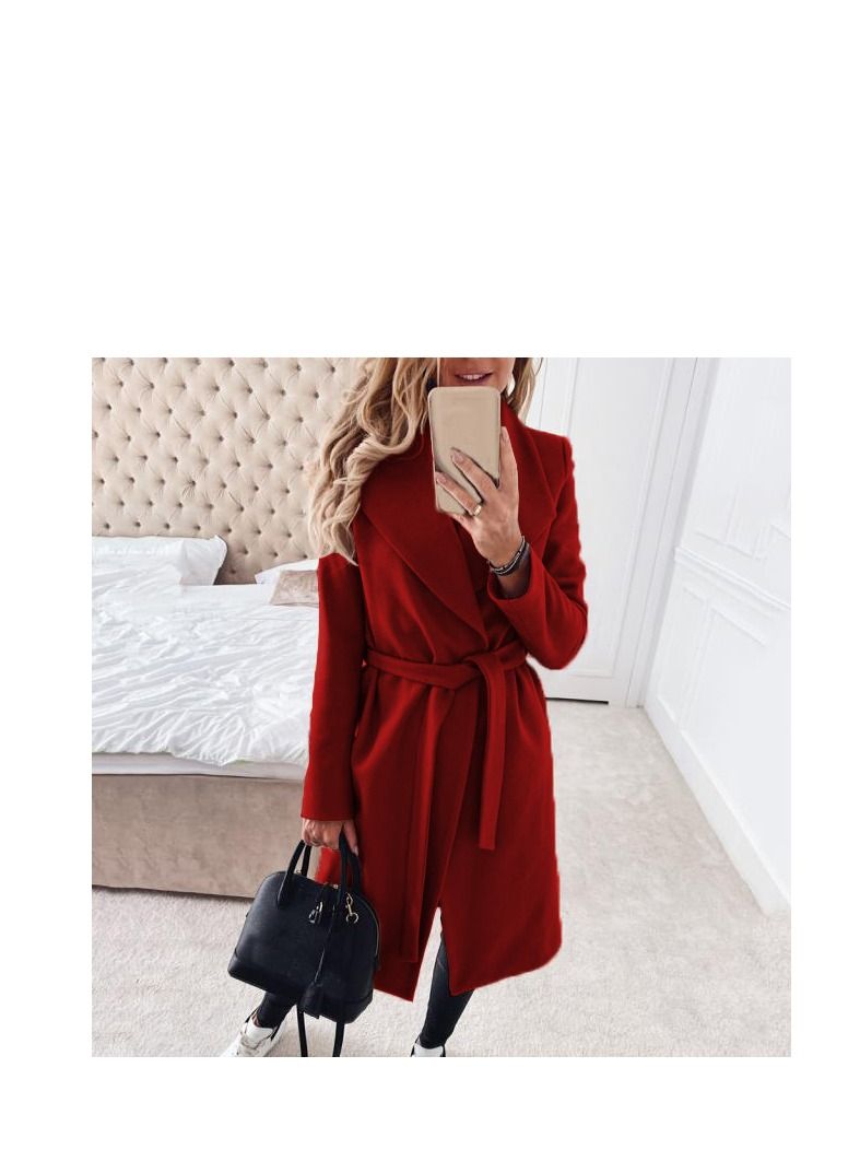 Autumn And Winter New Fashion Lace-up Lapel Solid Color Wool Overcoat