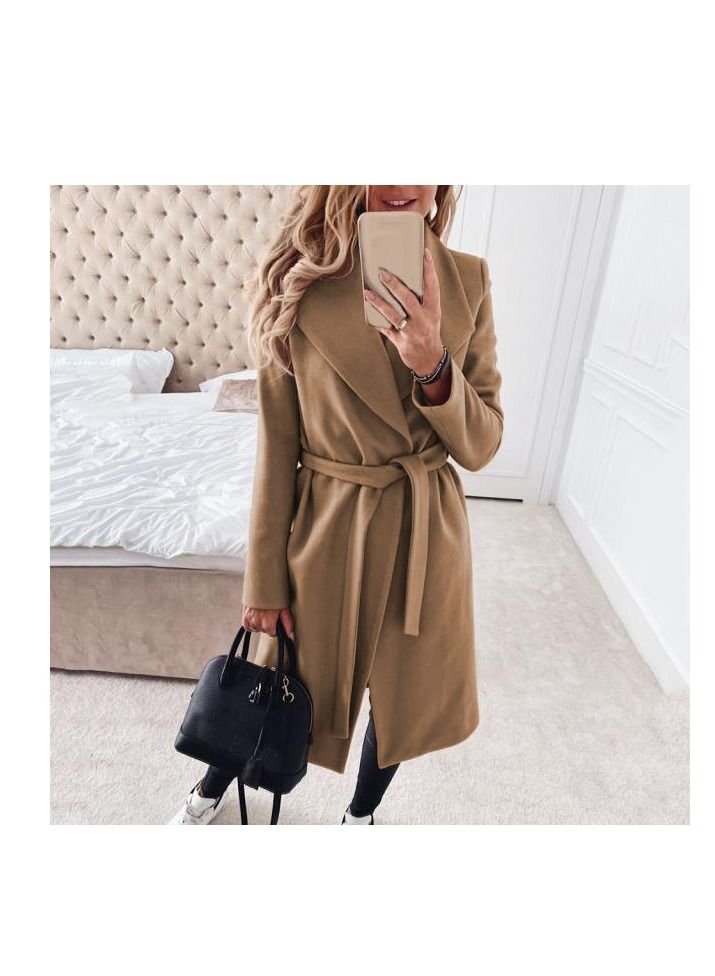 Autumn And Winter New Fashion Lace-up Lapel Solid Color Wool Overcoat