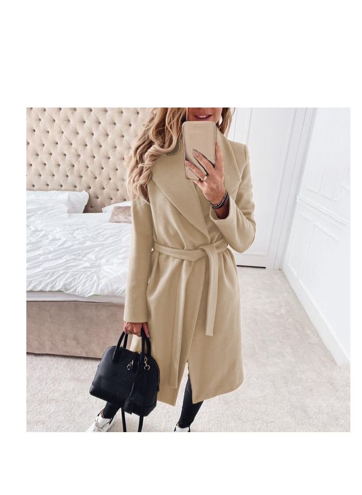 Autumn And Winter New Fashion Lace-up Lapel Solid Color Wool Overcoat