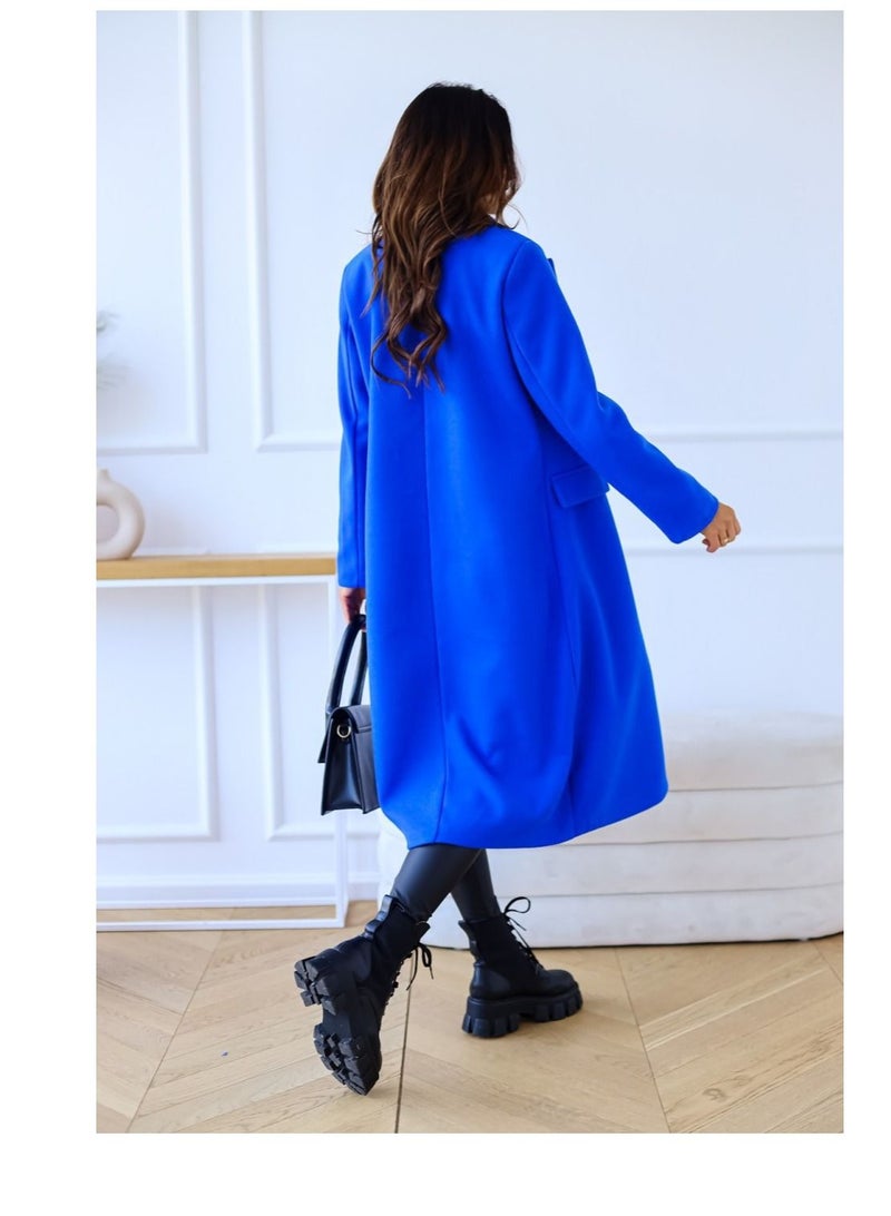 New Women's Simple Double Breasted Long Sleeve Lapel Button Wool Overcoat