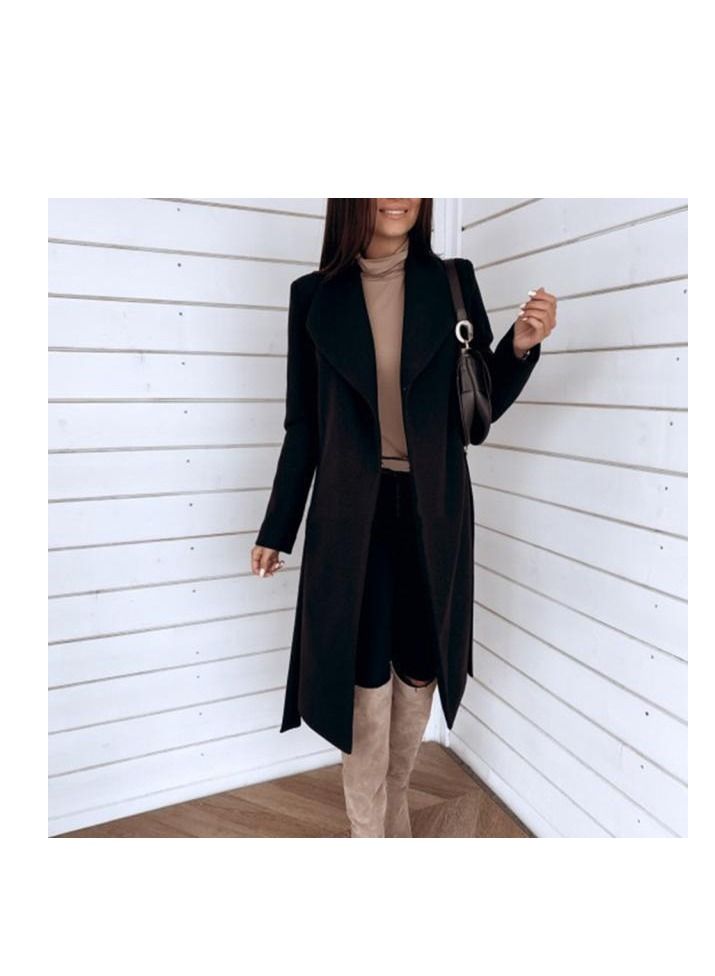 Autumn And Winter New Fashion Lace-up Lapel Solid Color Wool Overcoat