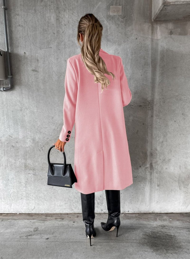 New Women's Fashion Simple Long Sleeve Lapel Button Wool Overcoat