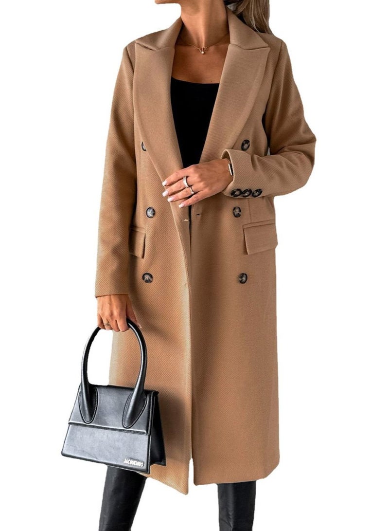 New Women's Fashion Simple Long Sleeve Lapel Button Wool Overcoat