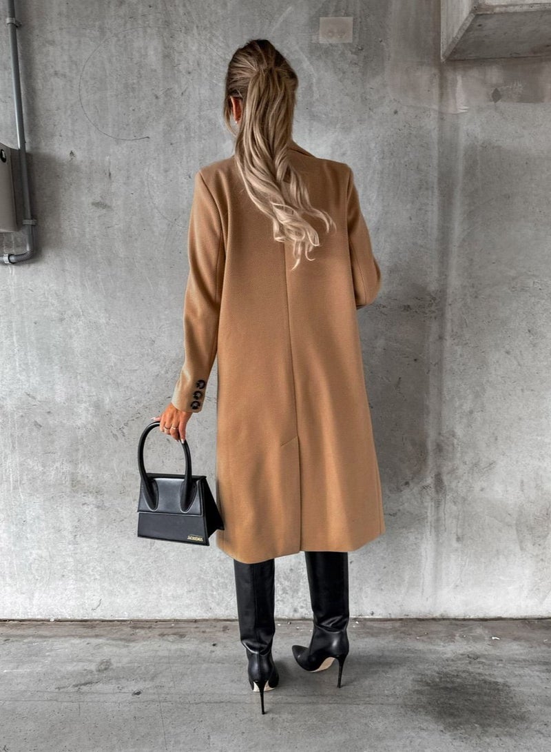 New Women's Fashion Simple Long Sleeve Lapel Button Wool Overcoat