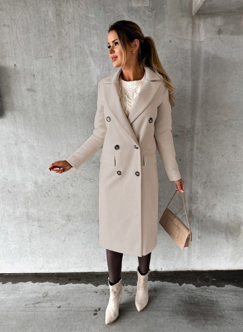 New Women's Fashion Simple Long Sleeve Lapel Button Wool Overcoat