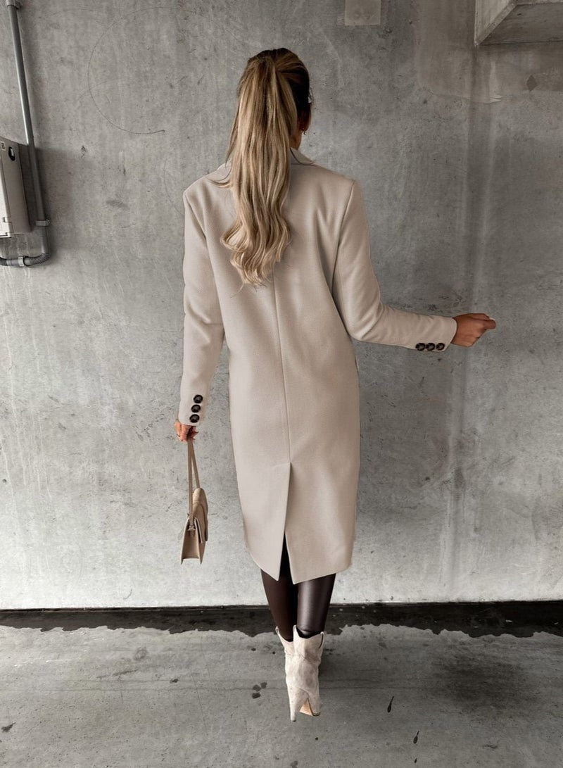 New Women's Fashion Simple Long Sleeve Lapel Button Wool Overcoat