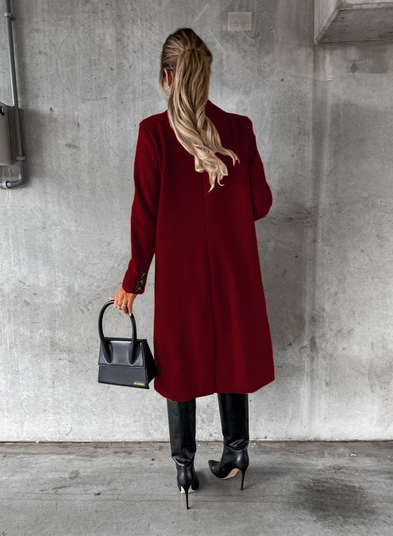 New Women's Fashion Simple Long Sleeve Lapel Button Wool Overcoat