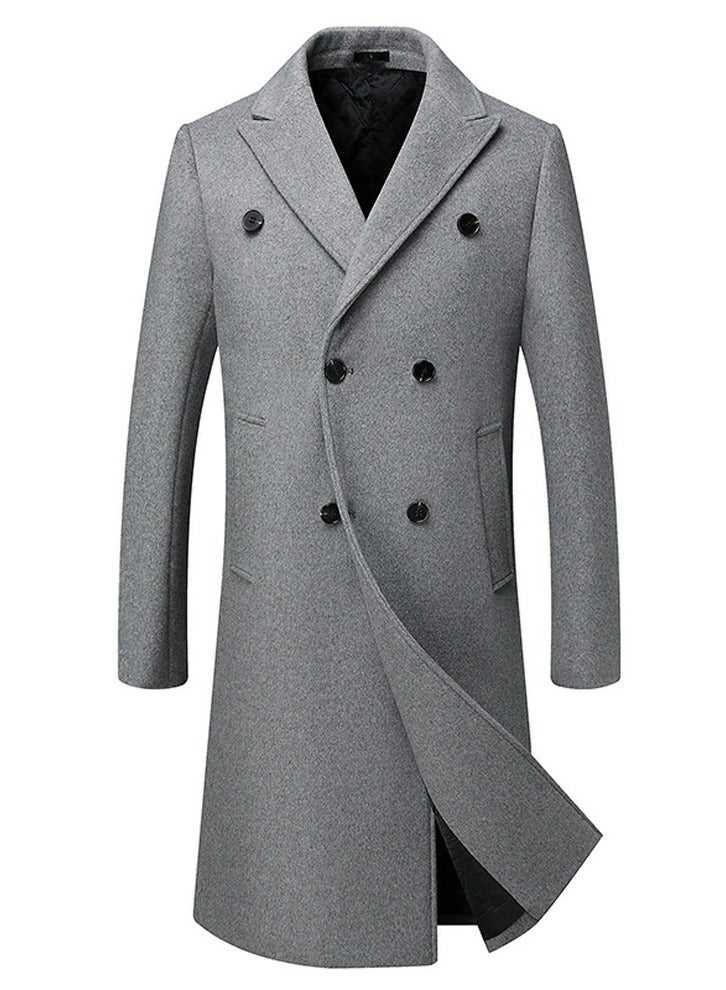 Men's Woolen Casual Coat Slim Fit Suit Collar Long Jacket Overcoat Grey