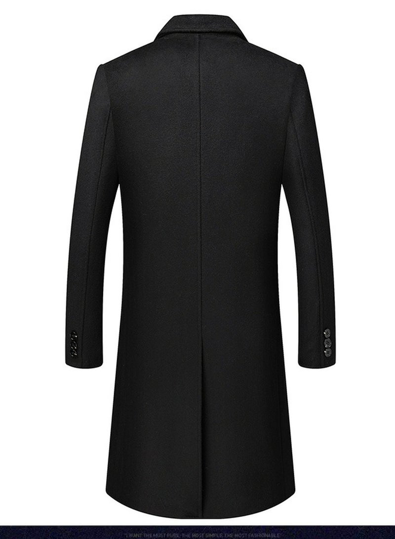 Men's Woolen Casual Coat Slim Fit Suit Collar Long Jacket Overcoat Black