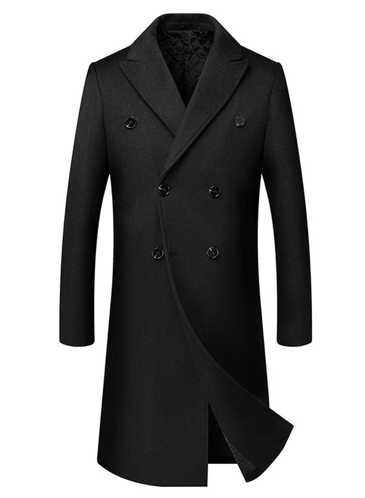 Men's Woolen Casual Coat Slim Fit Suit Collar Long Jacket Overcoat Black