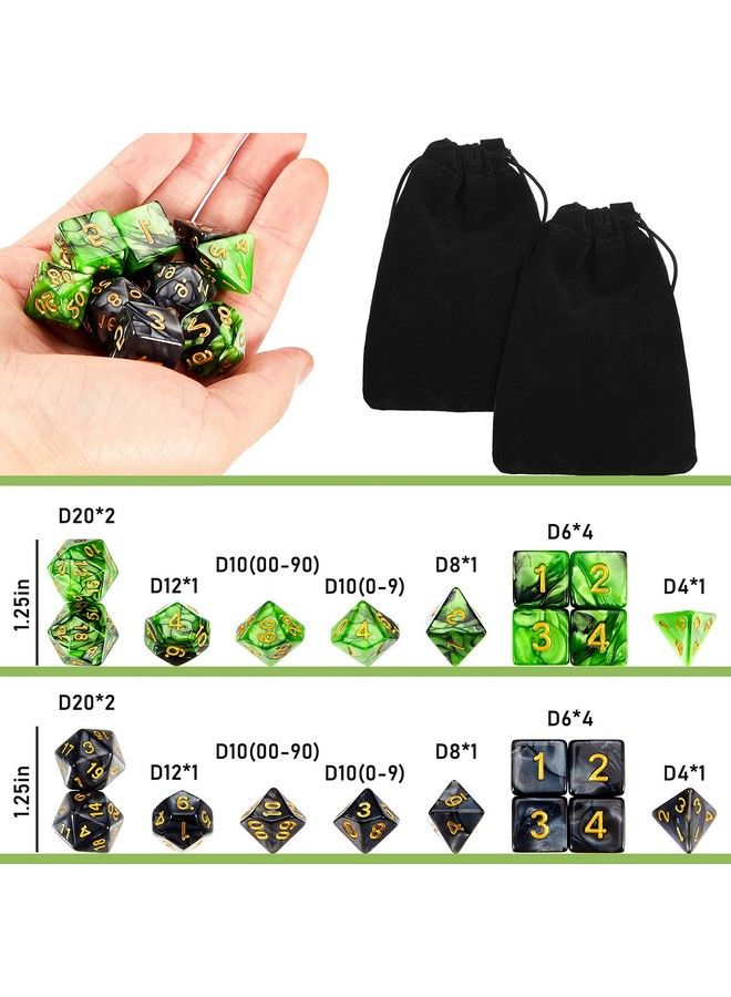 2 Set 11 Dice Polyhedral Dice Set Multisided Dice Set Smooth Touch With Drawstring Bag Compatible With Rpg Mtg Table Game Dice 22 Pieces (Green Black)