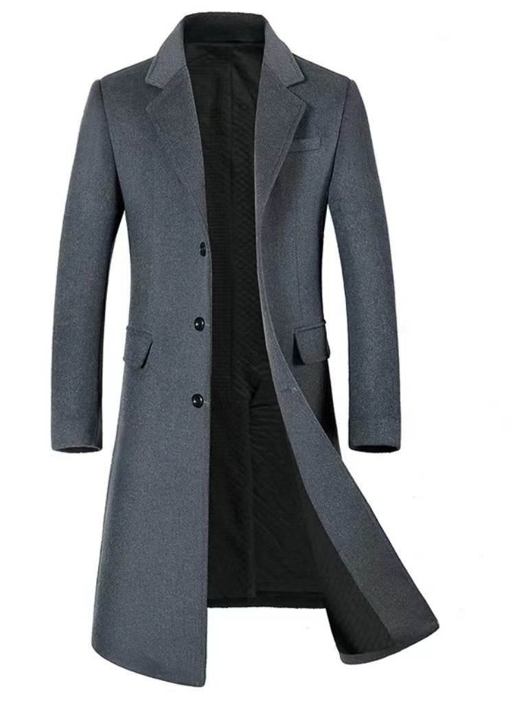 Men's Thick Woolen Casual Trench Coat Slim Fit Suit Collar Long Jacket Overcoat with Pockets Grey