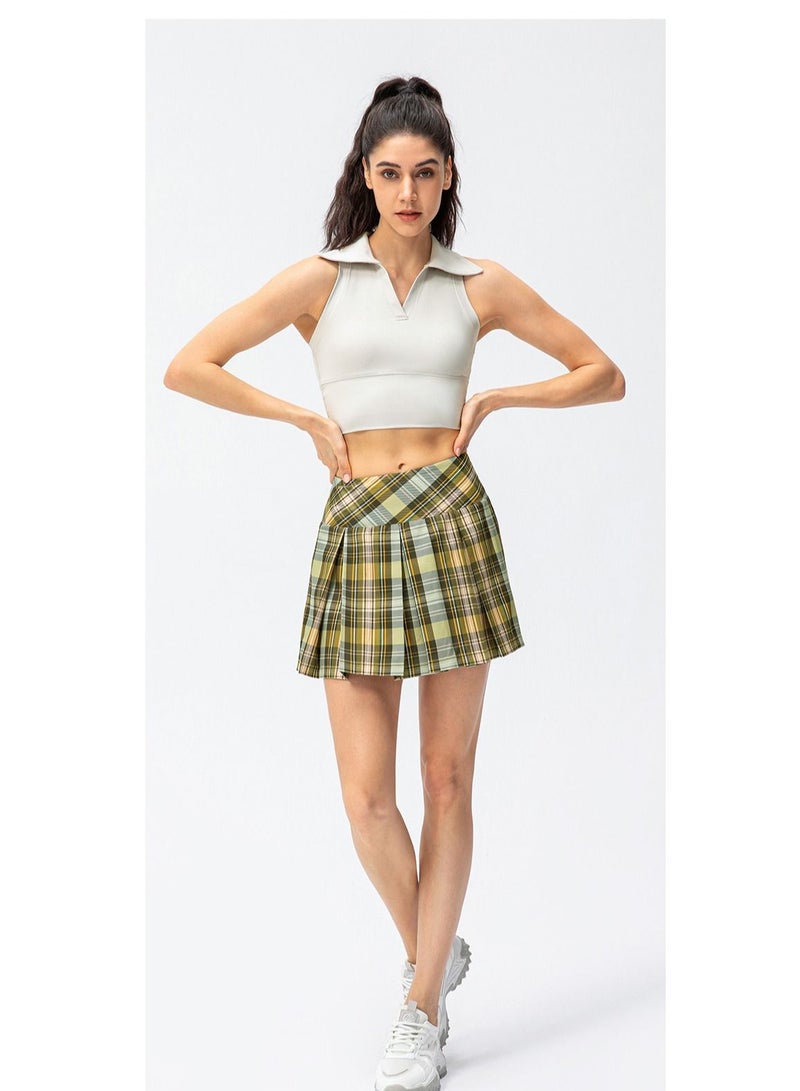 New plaid sports dress in spring and summer outdoor running a skort tennis a skort two yoga accordion pleated skirt.