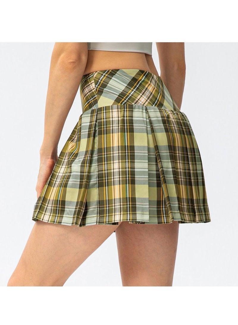 New plaid sports dress in spring and summer outdoor running a skort tennis a skort two yoga accordion pleated skirt.