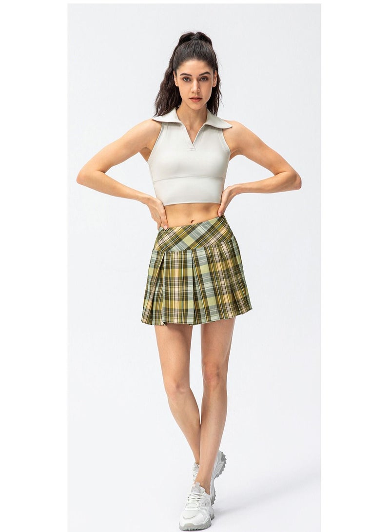 New plaid sports dress in spring and summer outdoor running a skort tennis a skort two yoga accordion pleated skirt.