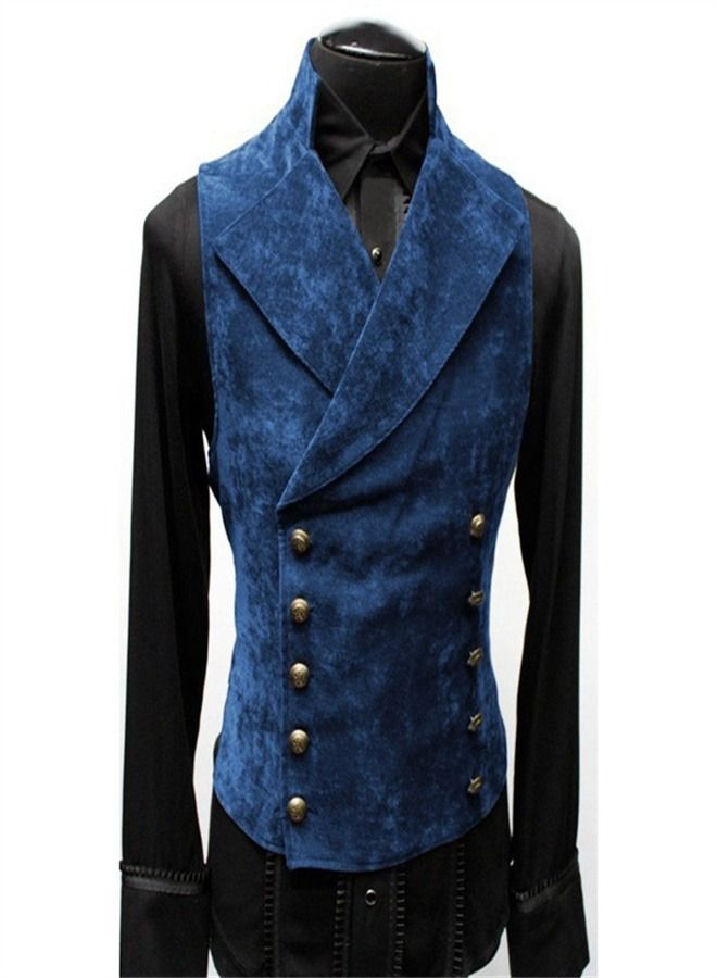 Men's Stand Collar Double Breasted Vest Blue