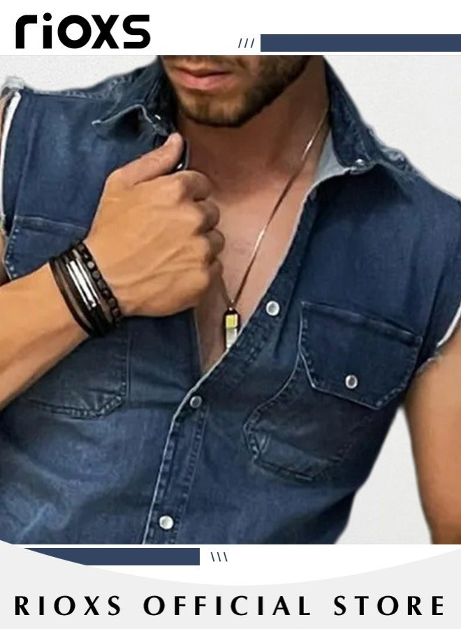 Men's Denim Vest with Button Closure, Vintage Ripped Denim Vest with Casual Simple Design, Fashionable Cowboy Sleeveless Outerwear, Suitable for Party, Dating, Business Work, Daily Wear and Other Activities