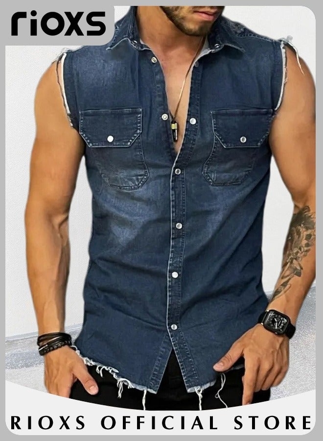 Men's Denim Vest with Button Closure, Vintage Ripped Denim Vest with Casual Simple Design, Fashionable Cowboy Sleeveless Outerwear, Suitable for Party, Dating, Business Work, Daily Wear and Other Activities