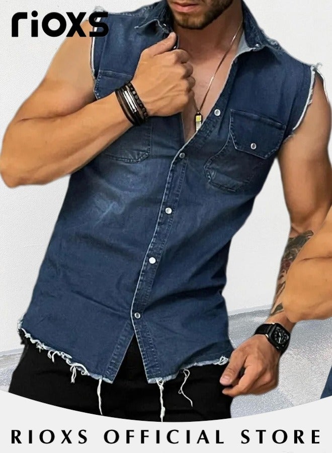 Men's Denim Vest with Button Closure, Vintage Ripped Denim Vest with Casual Simple Design, Fashionable Cowboy Sleeveless Outerwear, Suitable for Party, Dating, Business Work, Daily Wear and Other Activities