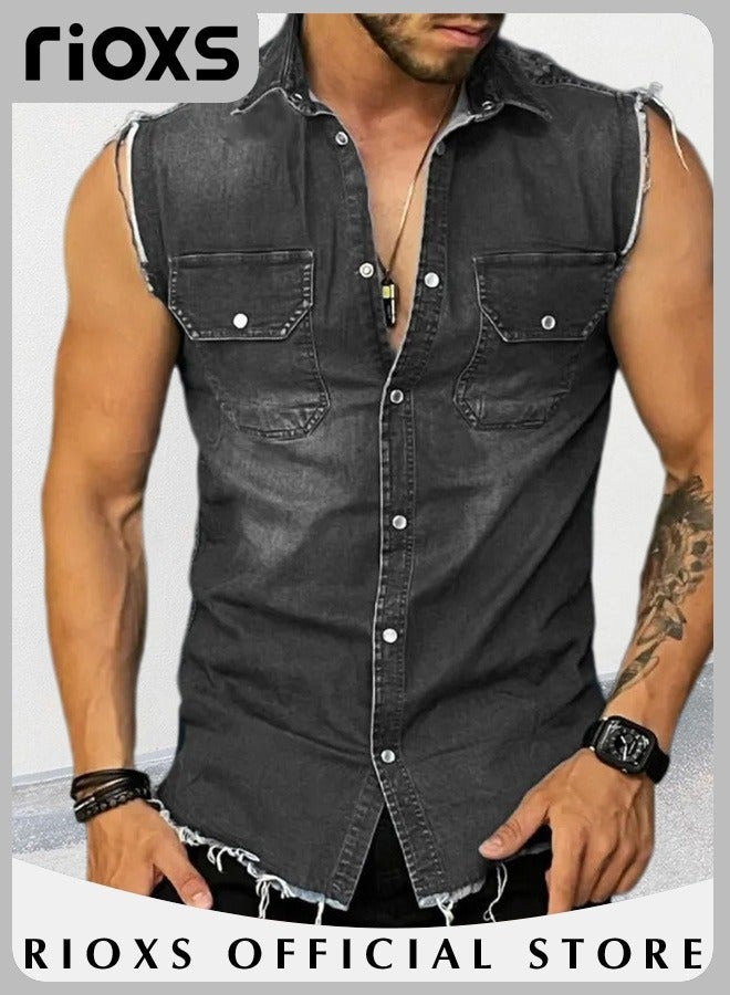 Men's Denim Vest with Button Closure, Vintage Ripped Denim Vest with Casual Simple Design, Fashionable Cowboy Sleeveless Outerwear, Suitable for Party, Dating, Business Work, Daily Wear and Other Activities