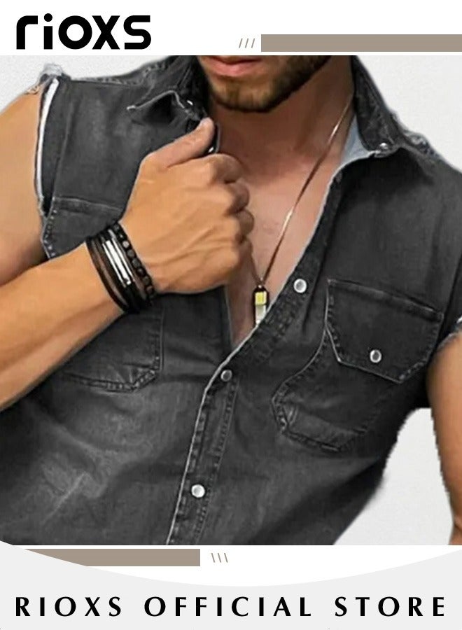 Men's Denim Vest with Button Closure, Vintage Ripped Denim Vest with Casual Simple Design, Fashionable Cowboy Sleeveless Outerwear, Suitable for Party, Dating, Business Work, Daily Wear and Other Activities