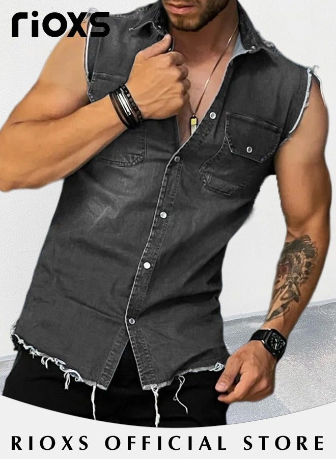 Men's Denim Vest with Button Closure, Vintage Ripped Denim Vest with Casual Simple Design, Fashionable Cowboy Sleeveless Outerwear, Suitable for Party, Dating, Business Work, Daily Wear and Other Activities