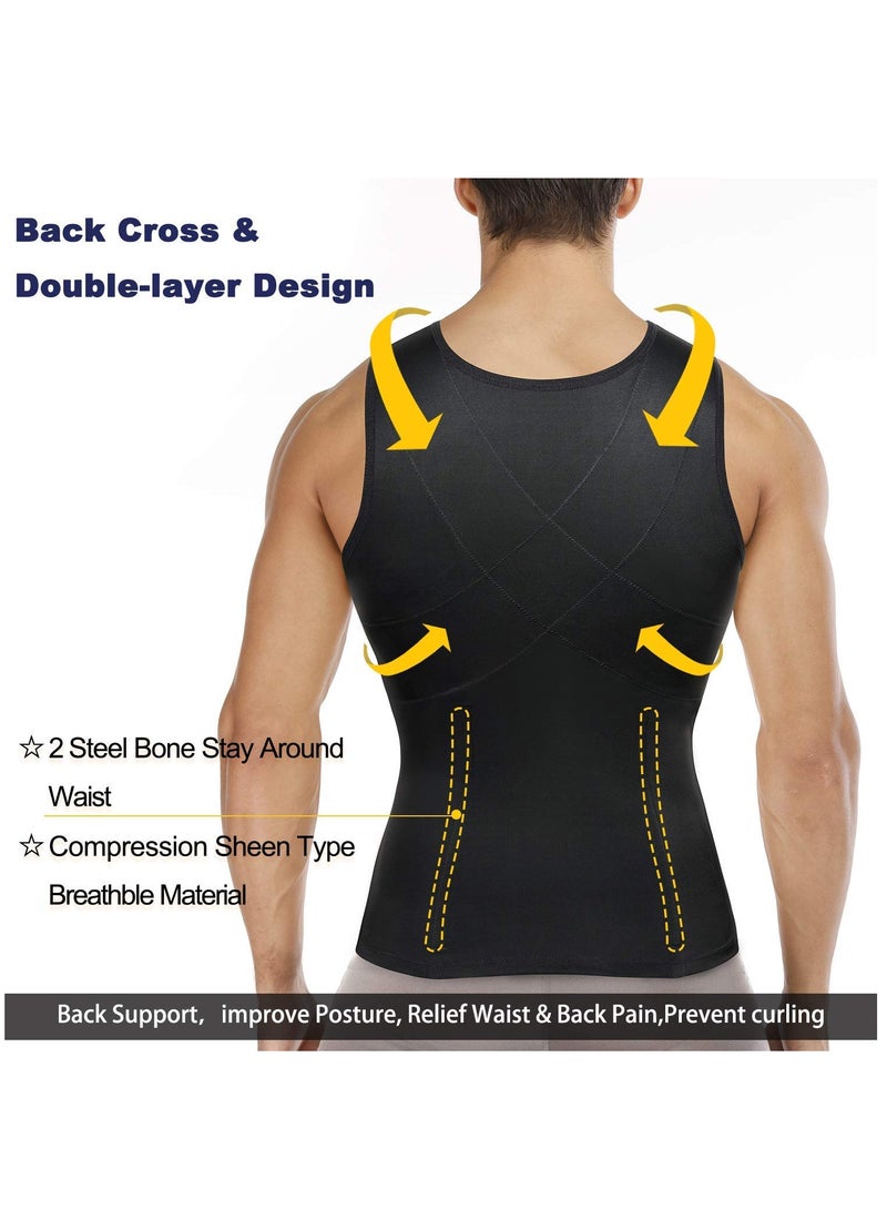 Men Compression Shirts Slimming Undershirts Shapewear Waist Trainer Body Shaper Vest Zipper Tank Top Men, L Size