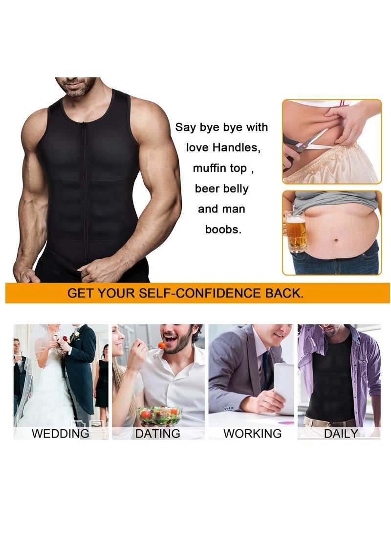 Men Compression Shirts Slimming Undershirts Shapewear Waist Trainer Body Shaper Vest Zipper Tank Top Men, L Size