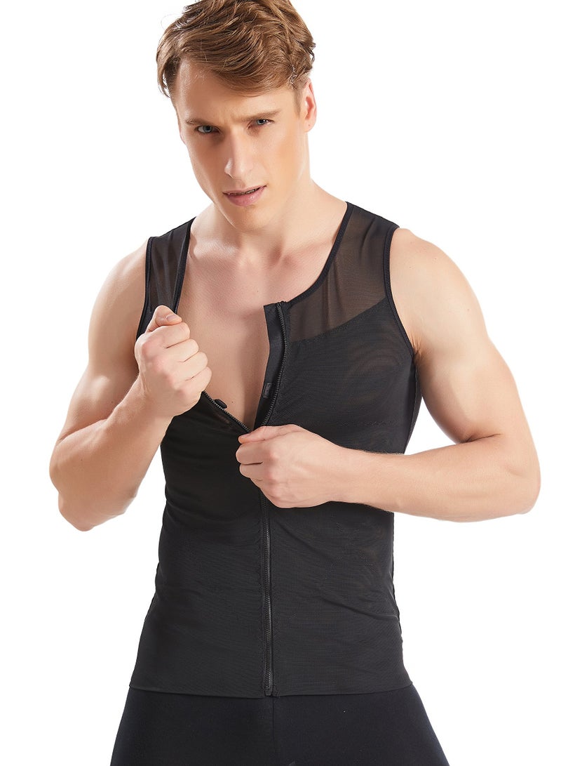 Men Compression Vest Slimming Body Shaper Vest Tummy Control Shapewear with Zipper, Black-L