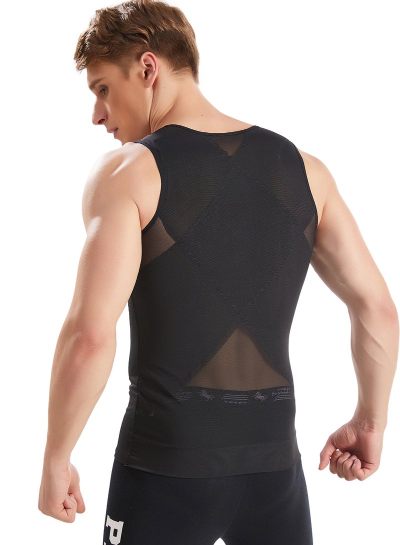 Men Compression Vest Slimming Body Shaper Vest Tummy Control Shapewear with Zipper, Black-L