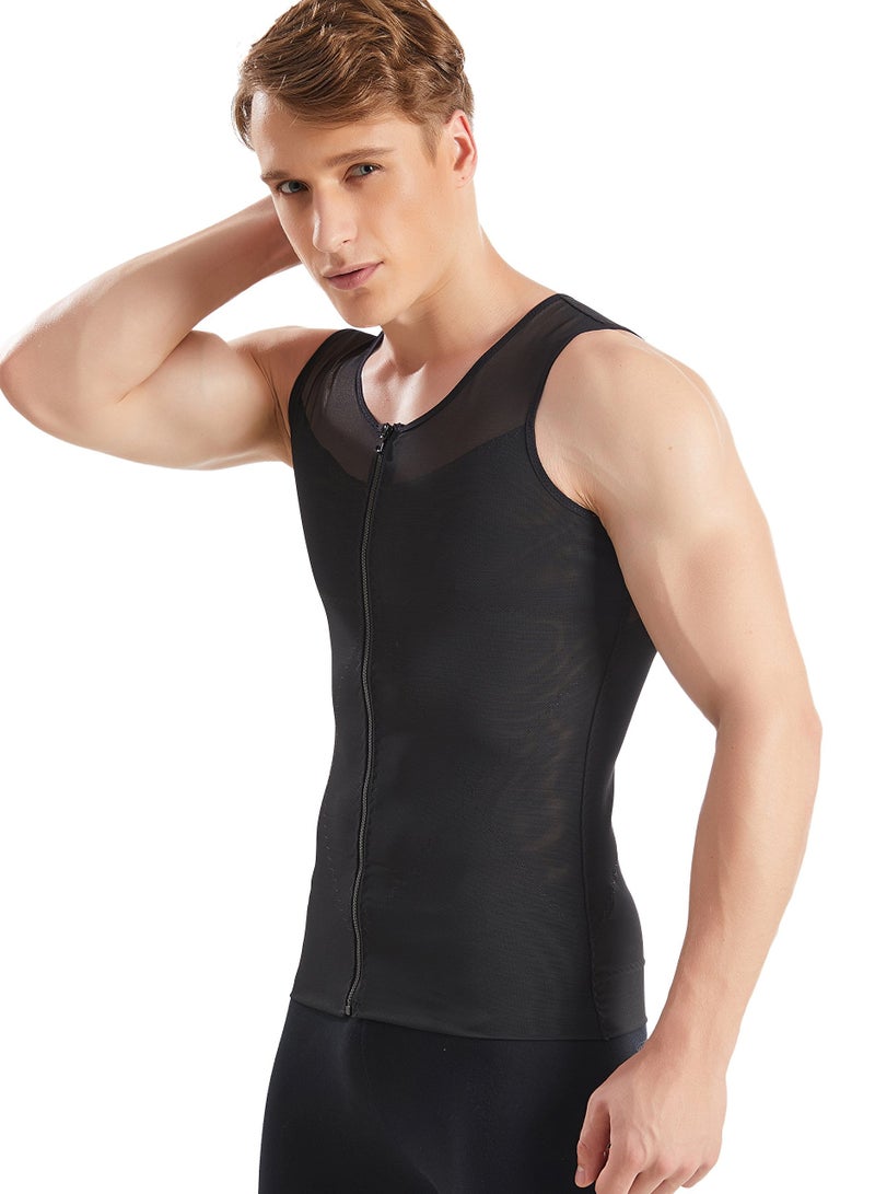 Men Compression Vest Slimming Body Shaper Vest Tummy Control Shapewear with Zipper, Black-L