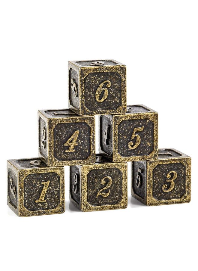 6 Sided Dice Set 6 Pieces Ancient Brass D6 Metallic Dice With Free Black Velvet Bag For D&D Dnd Pathfinder Shadowrun Or Gurps