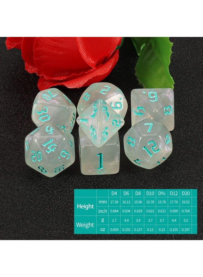 Dnd Dice Set D&D Polyhedral Dice (7 Pcs) For Dungeons And Dragons (Transparent White Glitter)