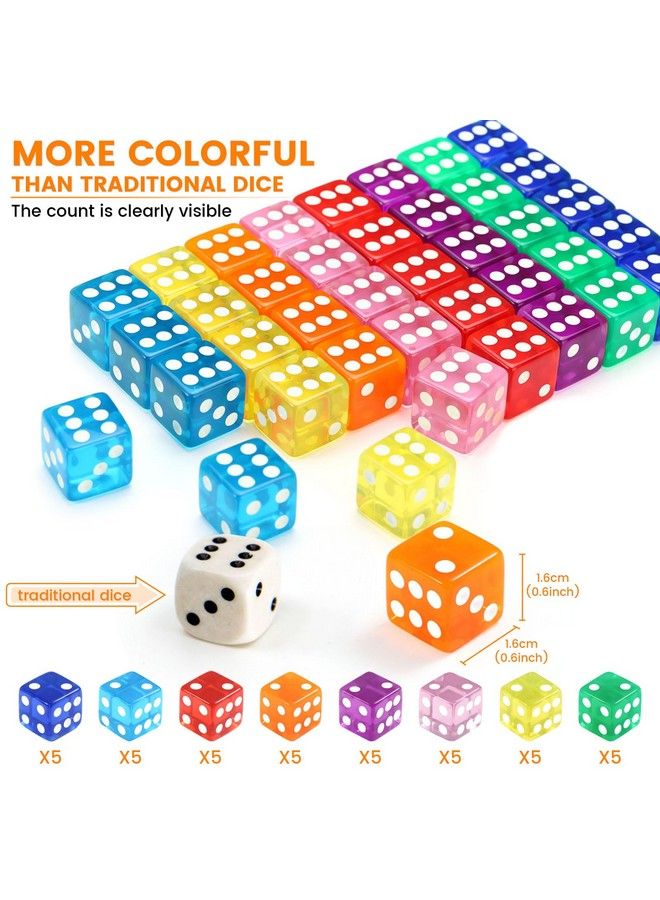 40 Pieces 6Sided Game Dice Set 8 Translucent Colors Dice For Board Games And Teaching Math